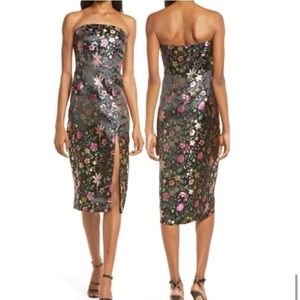 ❤️ Lulus Make a Move Black Satin Floral Jacquard Strapless Midi Dress